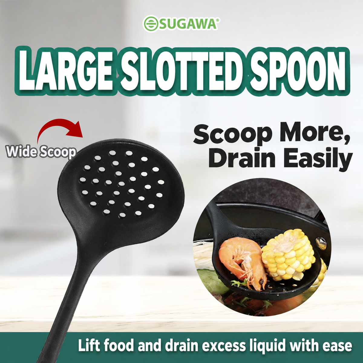 Large slotted spoon for scooping food and draining liquid