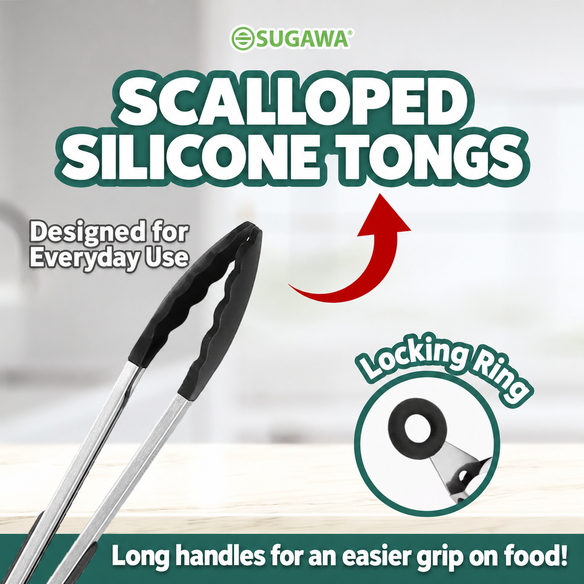 Scalloped silicone tongs with locking ring