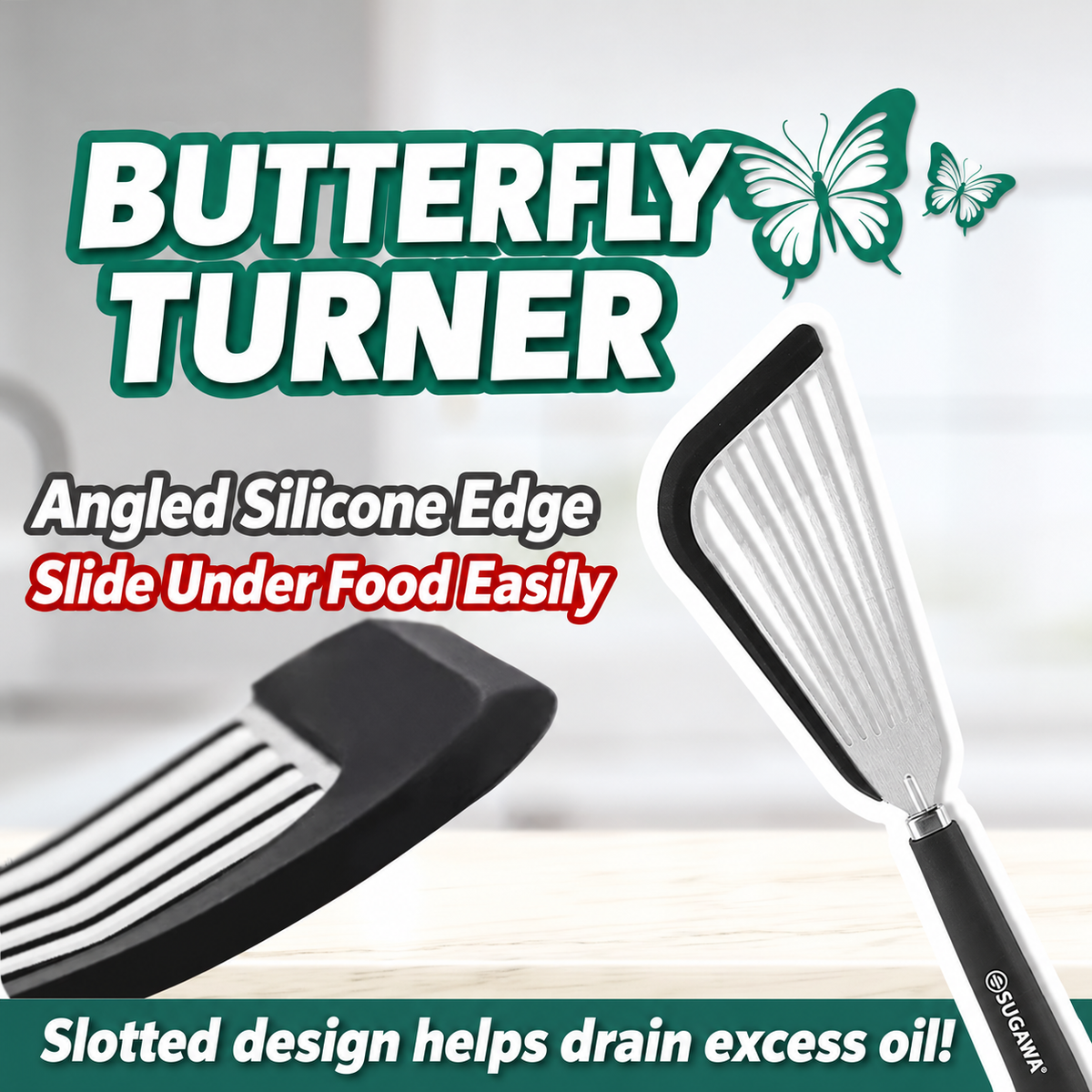 Butterfly turner with angled silicone edge and slotted design